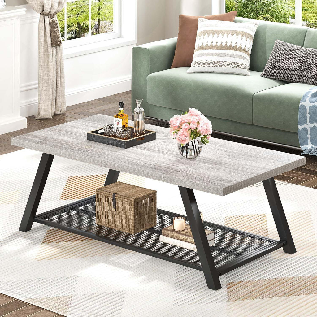 FOLUBAN Industrial Coffee Tables for Living Room with Storage, Rustic Wood and Metal Coffee Table, Modern Rectangle Center Cocktail Tea Table, Light Grey, 47 Inch