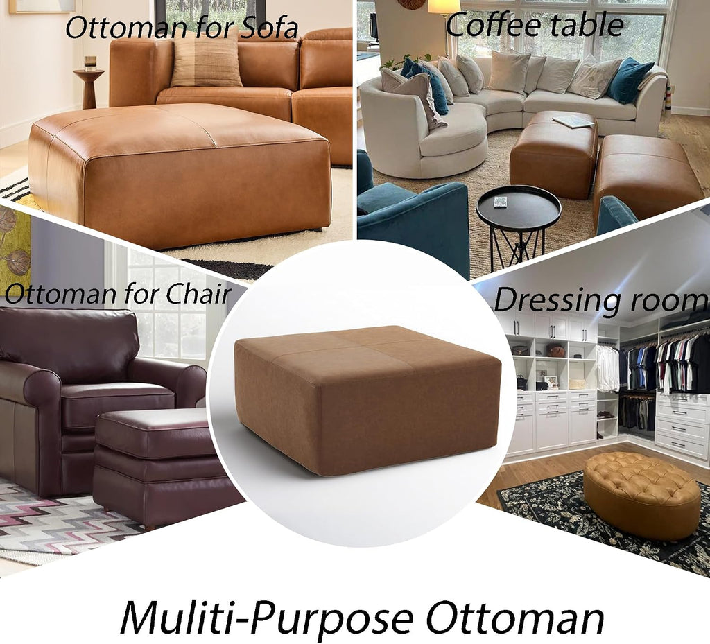 35' Wide Oversized Square Ottoman Coffee Table, Faux Leather Couch Ottoman Large Footstool for Living Room (Brown, Square)