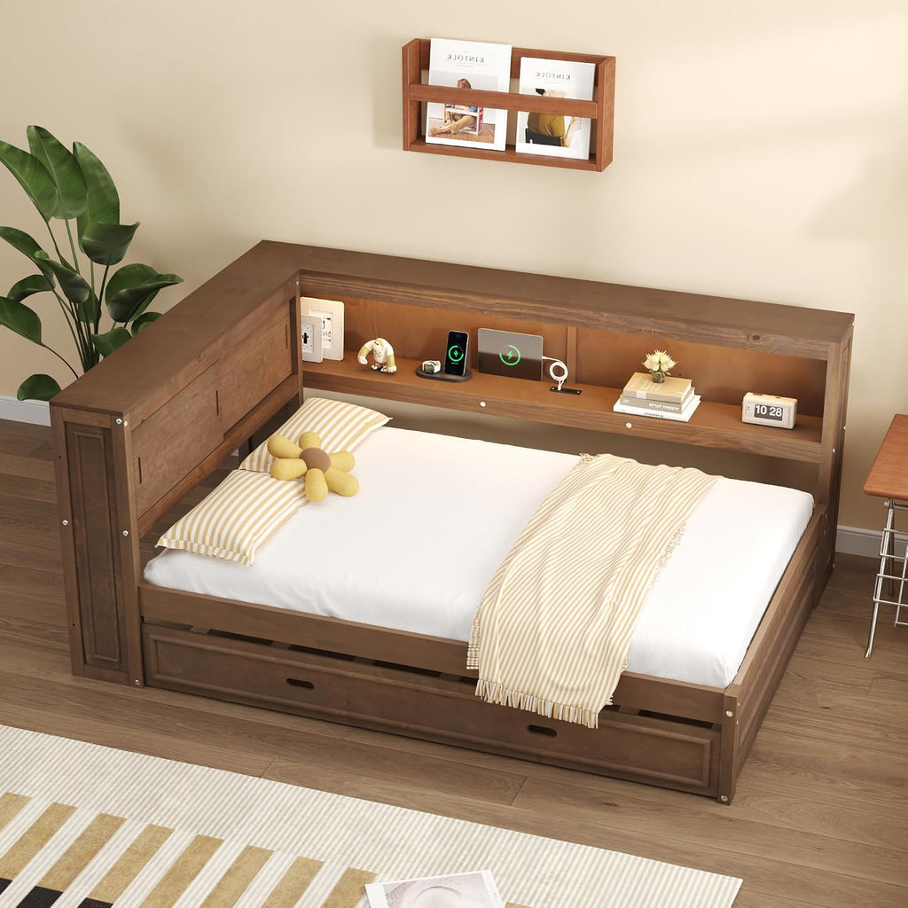 Full Size Daybed with Trundle and Storage Shelves,Antique Wood | Convertible Headboard,L-shaped Bookcase,Charging Station,LED Lights,for Kids Boys Girls Teens
