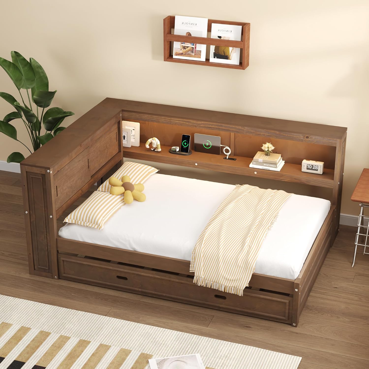 Full Size Daybed with Trundle and Storage Shelves,Antique Wood | Convertible Headboard,L-shaped Bookcase,Charging Station,LED Lights,for Kids Boys Girls Teens