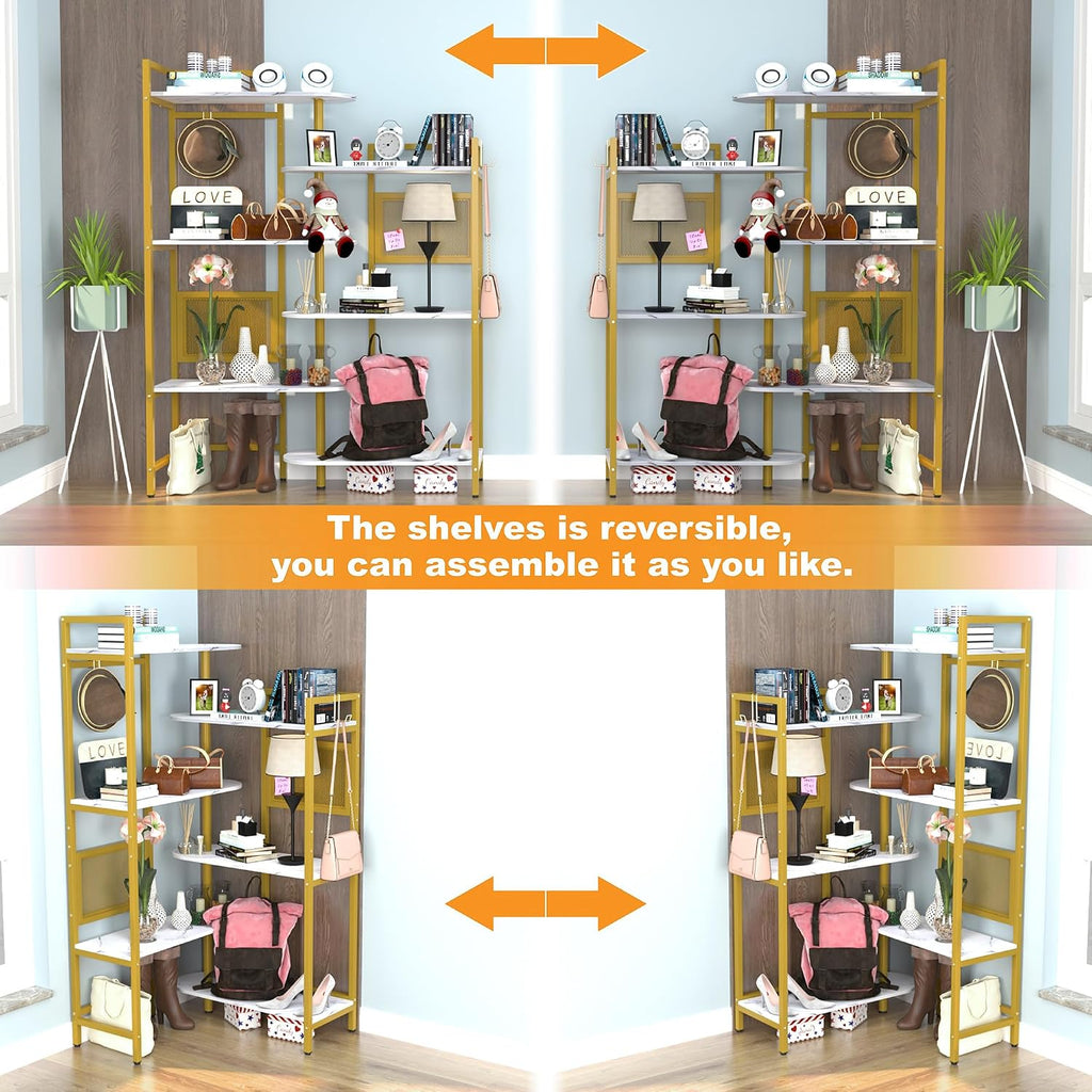 Gezen 6-Tier Ajustable Corner Bookshelf Modern Wood Bookcase for Home Office, Open Standing Shelf with Metal Frame, Wood and Metal Corner Bookcase for Living Room/Study Room/Bedroom(White, Gold)