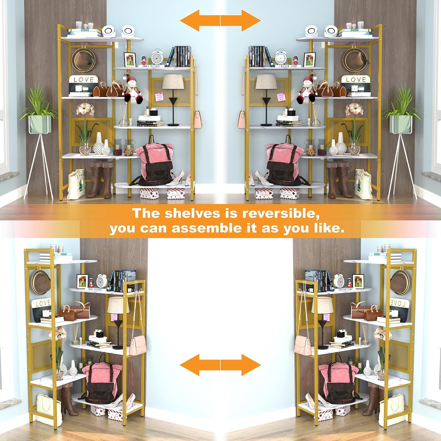 Gezen 6-Tier Ajustable Corner Bookshelf Modern Wood Bookcase for Home Office, Open Standing Shelf with Metal Frame, Wood and Metal Corner Bookcase for Living Room/Study Room/Bedroom(White, Gold)