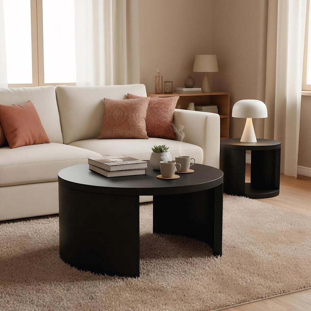 Round Coffee Table Set of 2, Nesting Coffee Tables with Storage, Living Room Table Set, Modern Wood Center Table for Living Room, Apartment, 31.5' & 18' Accent Table Set, Black