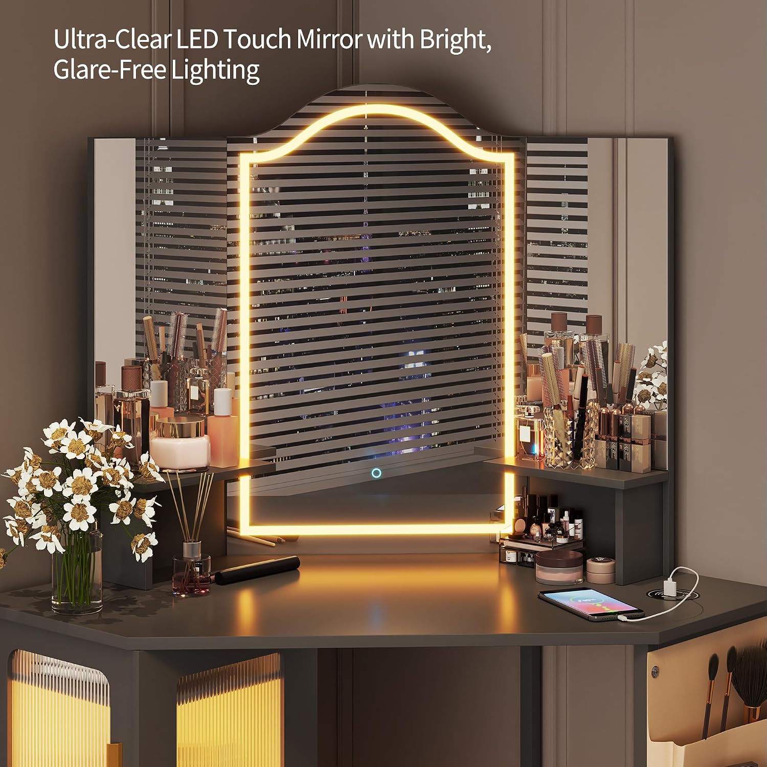 LVSOMT Corner Makeup Vanity Desk with Mirror and Lights, Dressing Table with Charging Station, Makeup Table with Stool, Storage Cabinet and Adjustable Shelf, Bedroom Vanity for Girls Women, Grey