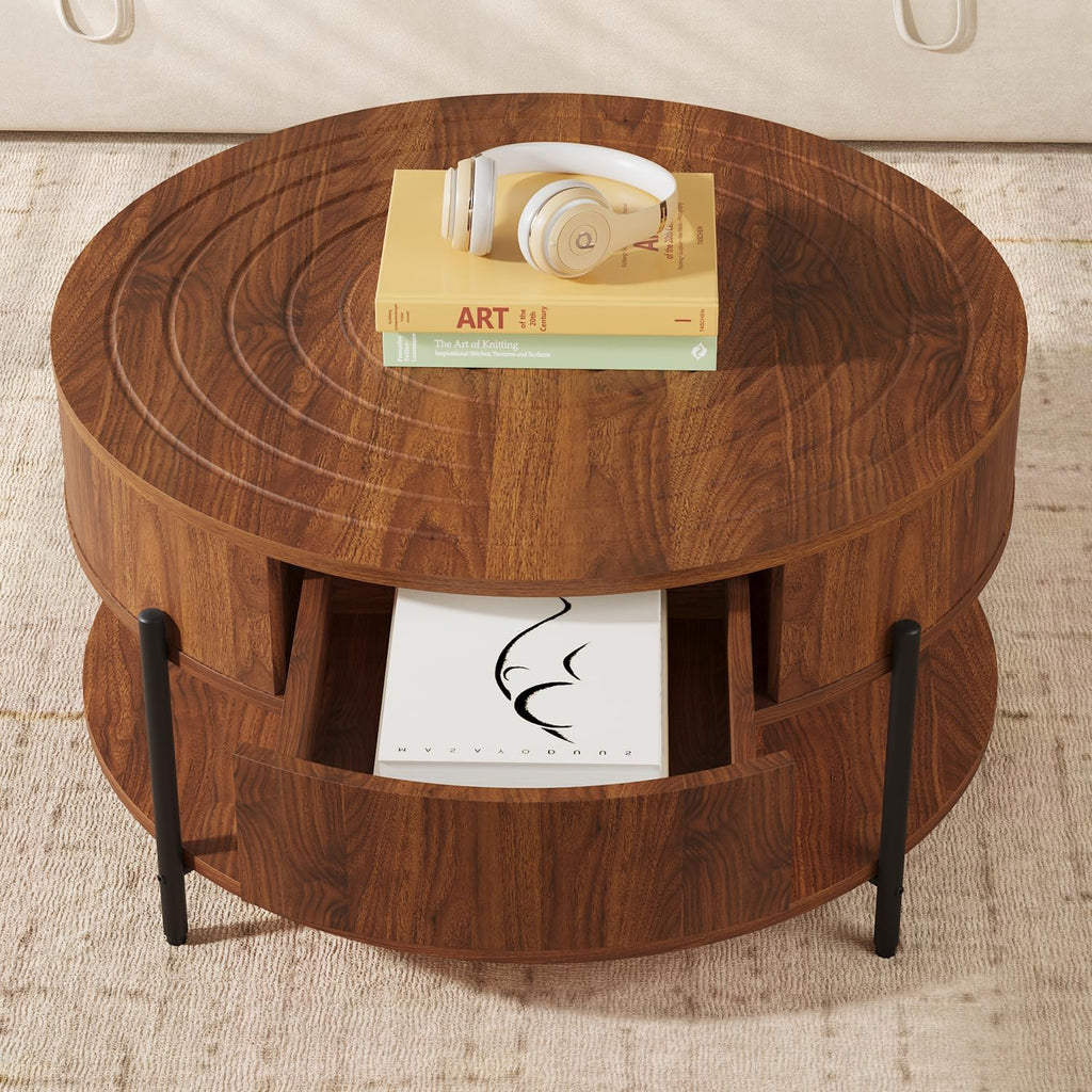 RARZOE 30.5' Round Coffee Table with Storage, Wooden Circle Coffee Table with Drawer, Storage Shelf, Metal Legs，Small Dining Table Accent Center Table for Living Room Home Office Apartment,Walnut