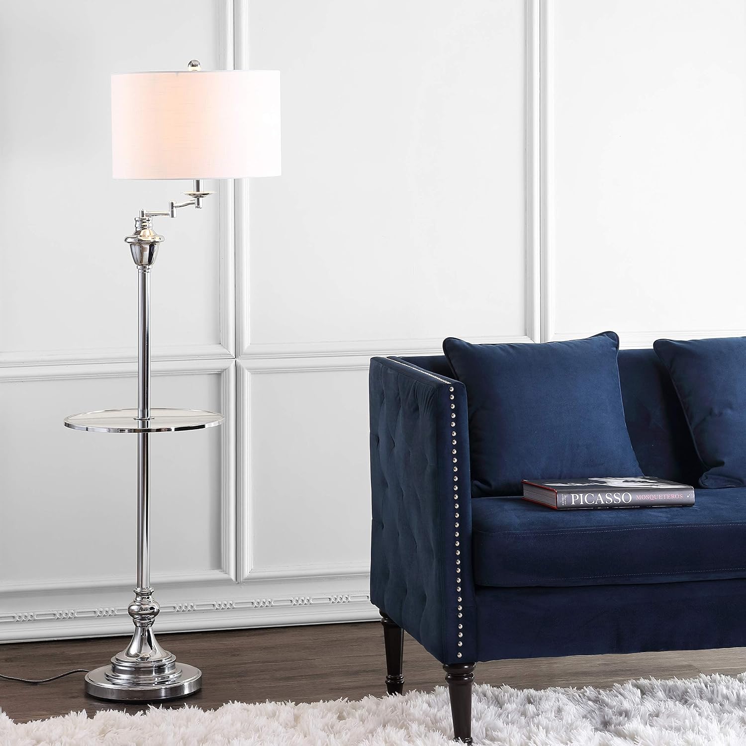 JONATHAN Y 60' Chrome Floor Lamp with Integrated Glass Side Table, Modern Swing Arm Standing Lamp for Living Room, White Linen Shade, LED Bulb Included (JYL3055B)
