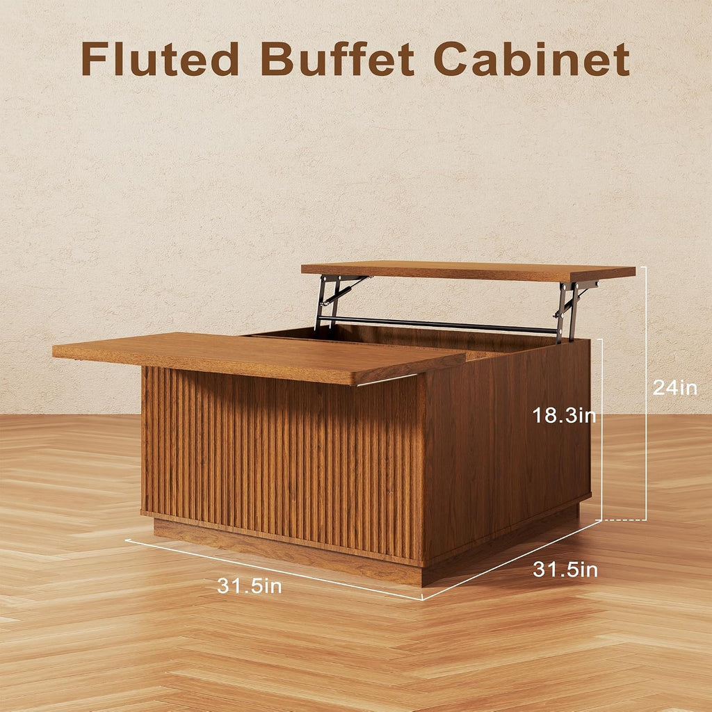 Fluted Coffee Table with Lifting Top, 31.5' Square Coffee Table with Storage, Mid Century Modern Center Table for Living Room, Home Office, Brown