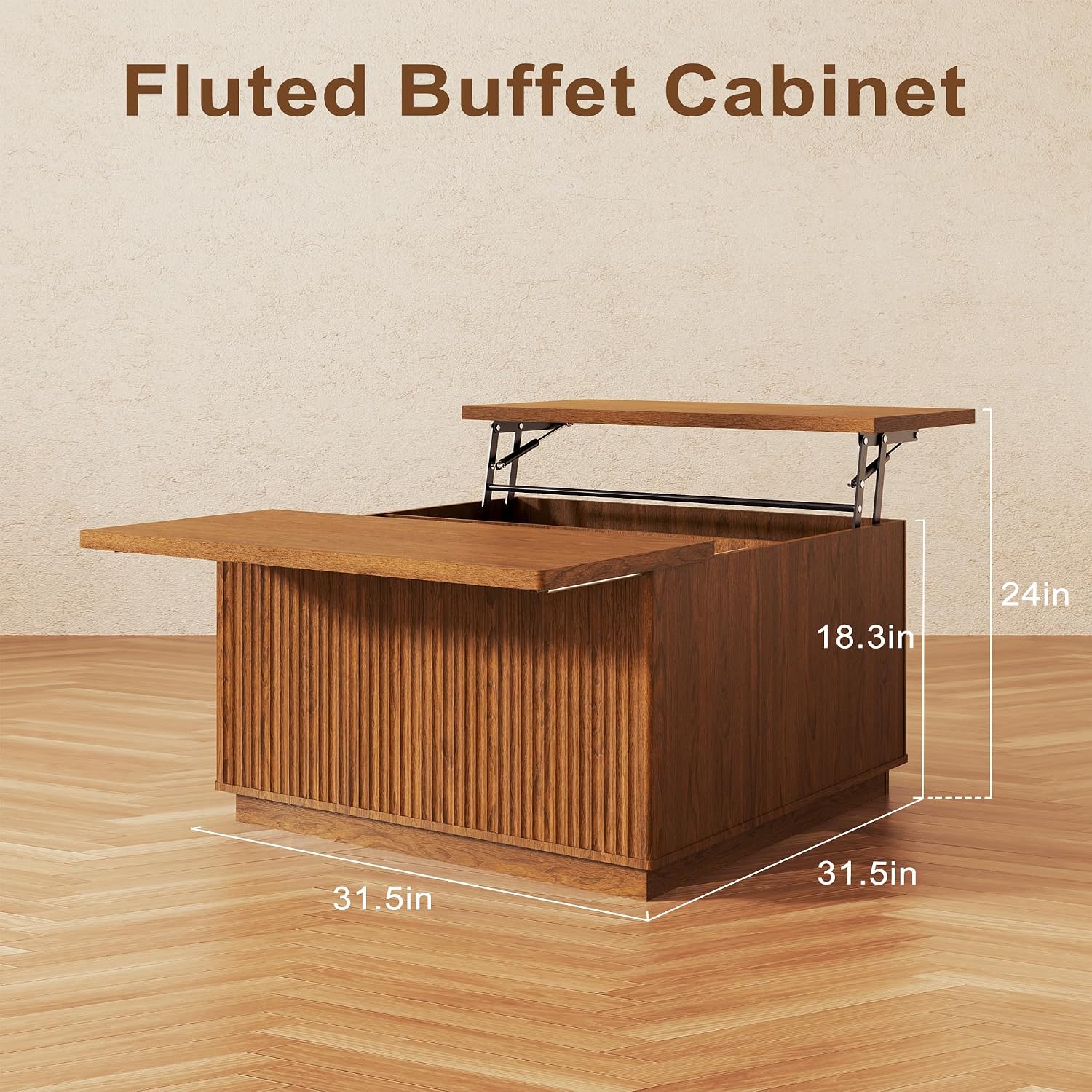 Fluted Coffee Table with Lifting Top, 31.5' Square Coffee Table with Storage, Mid Century Modern Center Table for Living Room, Home Office, Brown