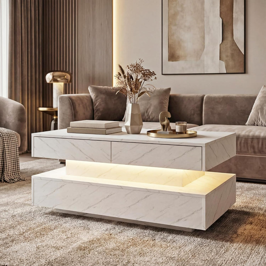 Coffee Table for Living Room, Modern Coffee Table with 2 Storage Drawers, 2 Tier Center Table Wood Coffee Tables with 20 Colors LED Lights, Mesa de Centro para Sala (White)