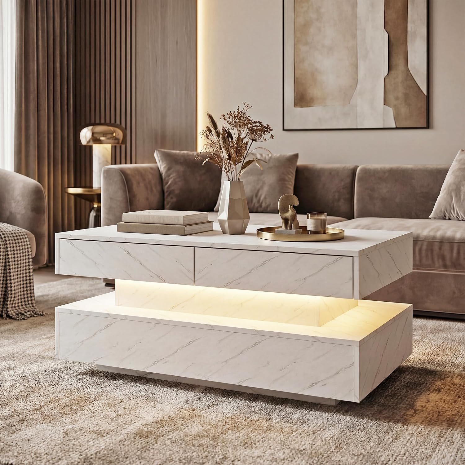 Coffee Table for Living Room, Modern Coffee Table with 2 Storage Drawers, 2 Tier Center Table Wood Coffee Tables with 20 Colors LED Lights, Mesa de Centro para Sala (White)