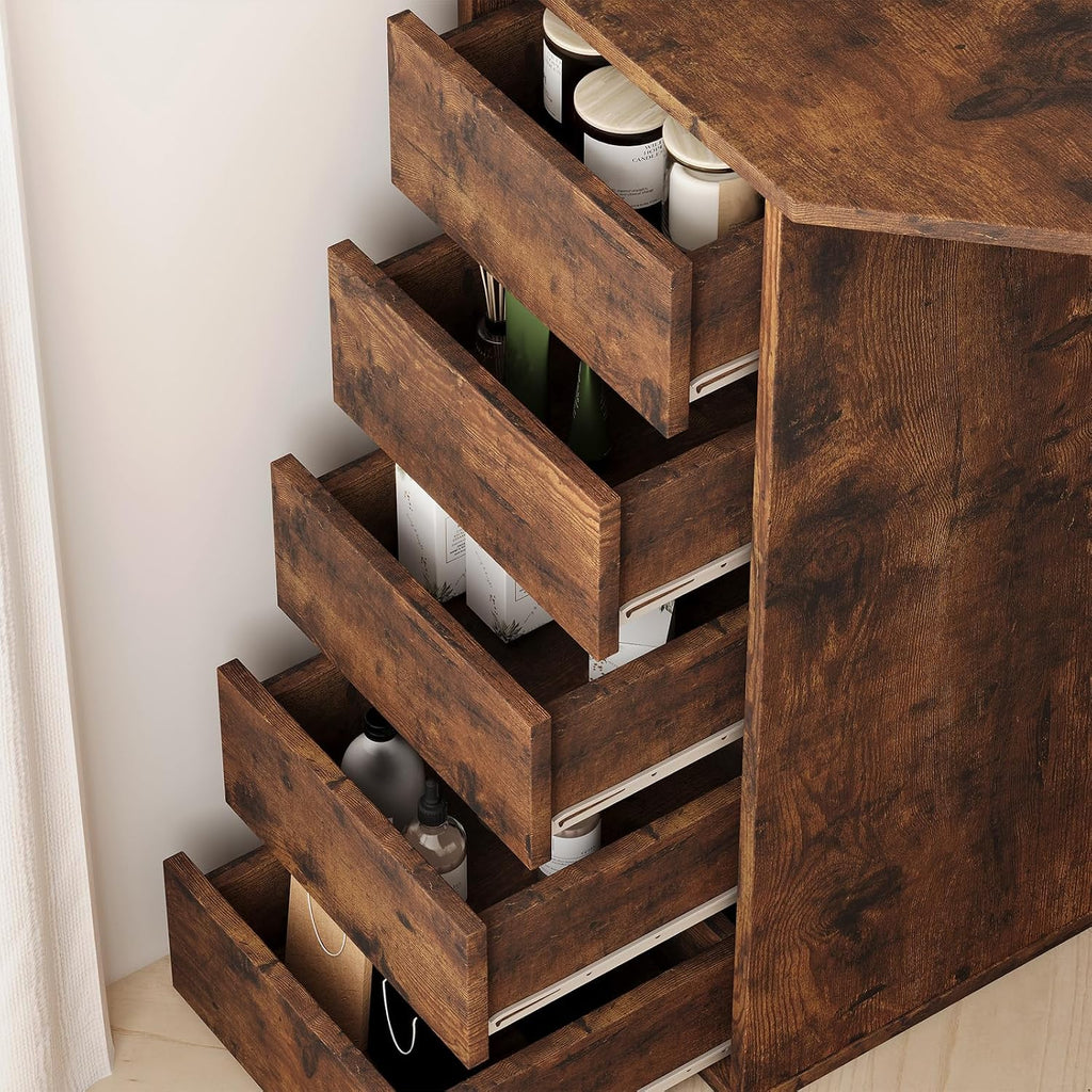 Corner Vanity Desk with Mirror and Led Lights - Makeup Table with 5 Drawers, Shelves, and Vanity Stool - Perfect for Bedroom or Bathroom, Brown