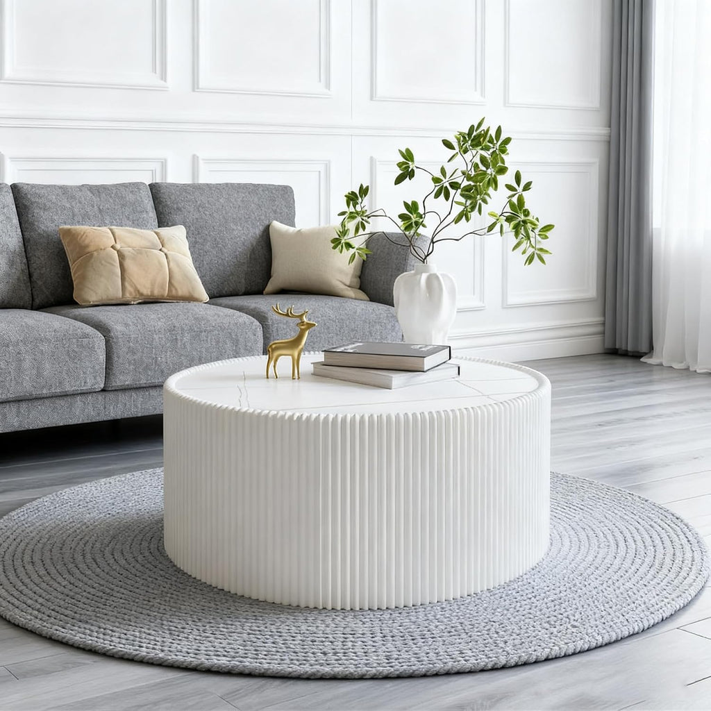 White Round Coffee Table with Sintered Stone Tabletop, 29.52' Drum Coffee Table with Fluted PU Leather Covered and Stable Base, Circle Cocktail Tea Table for Living Room
