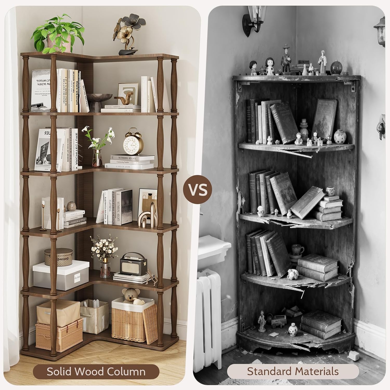 6 Tier Corner Bookshelf, L Shaped Bookcase with Solid Wood Posts,Vintage American Display Shelf for Home Office, Living Room, Bedroom, Kitchen