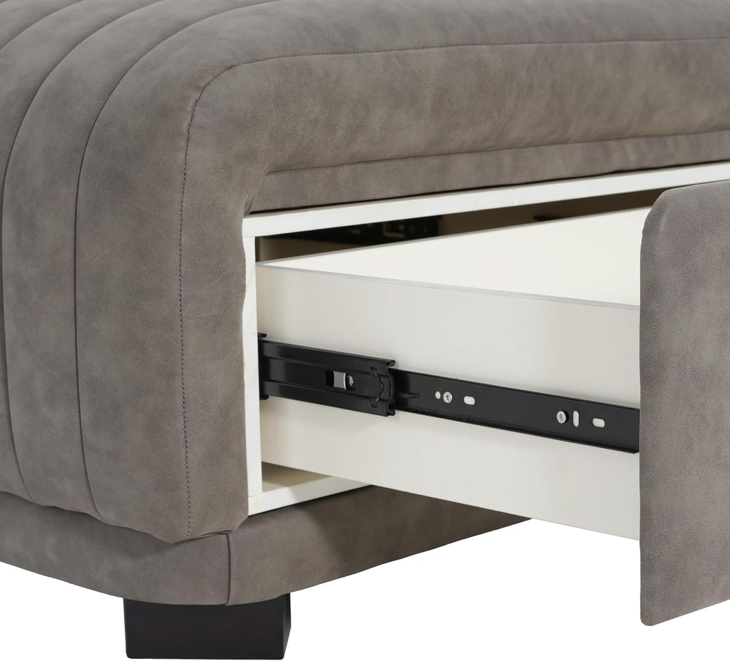Christopher Knight Home Reyno Upholstered Ottoman with Storage for Living Room, Faux Leather Storage Ottoman Foot Rest with Side Drawers, Modern Square Coffee Table with Wooden Frame, Grey
