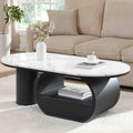 Luxury Faux Marble Oval Coffee Table, 47'' Modern Living Room Table with Storage Drawer, Wooden White MDF Top & Black Metal Base, Large Center Tables for Home Apartment