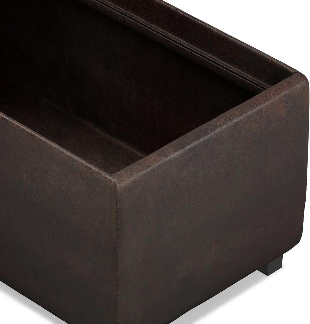 SIMPLIHOME Avalon Storage Ottoman - 42 inch Wide Upholstered Vegan Leather Rectangular Flip-Top Ottoman in Distressed Brown, Contemporary Coffee Table Ottoman for Living Room with Hidden Storage