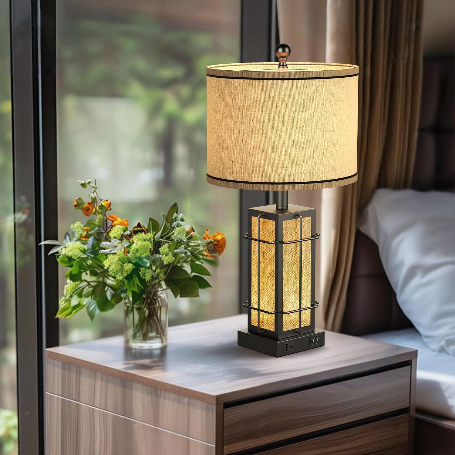 Black Table Lamps Set of 2, 24' Farmhouse Lamps for Living Room with USB C+A Ports, Industrial Retro Lamps for Bedroom, Nightstand Light Fixture, 2 Bulbs Included