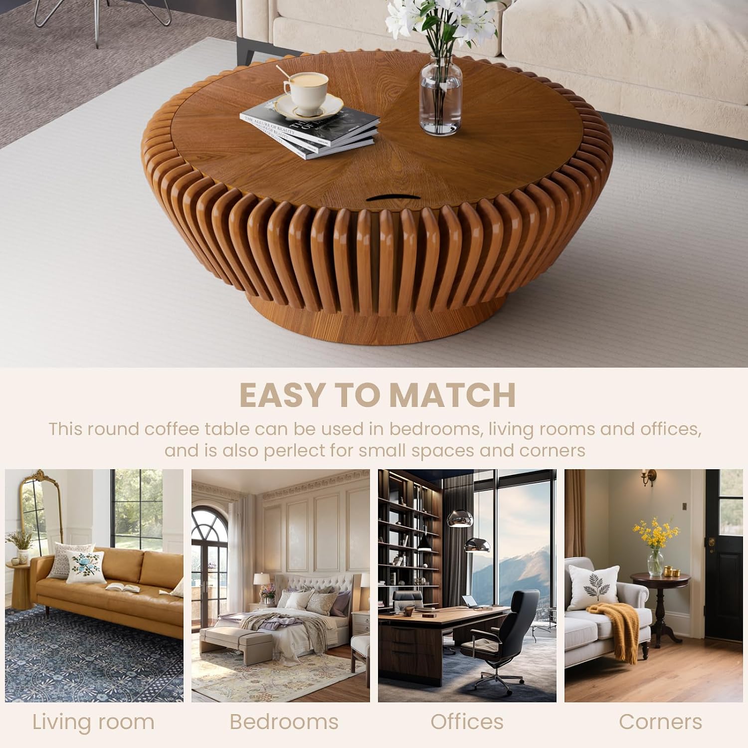 Round Coffee Table with Storage, 35.4' Modern Wooden Drum Coffee Table with Cover, Fluted Circle Center Table, Solid Wood Veneered, Accent Tea Table for Living Room Apartment Small Space (35.4 Brown)