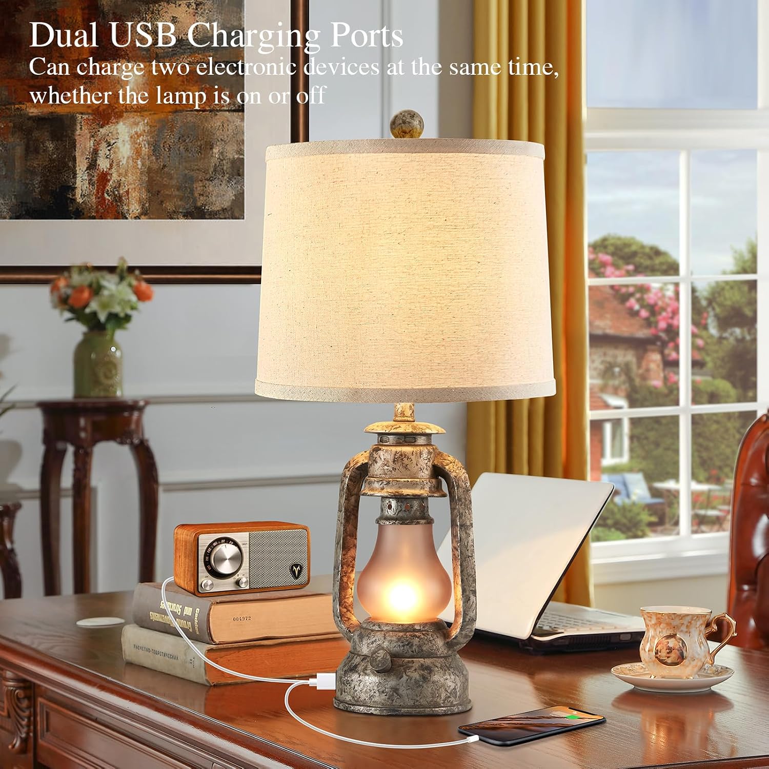 Farmhouse Rustic Table Lamps for Living Room Set of 2, Vintage Lantern Table Lamp with Dual USB Ports, Retro Nightstand Lamp for Bedroom Bedside, 4 Bulbs Included (Iron Gray)