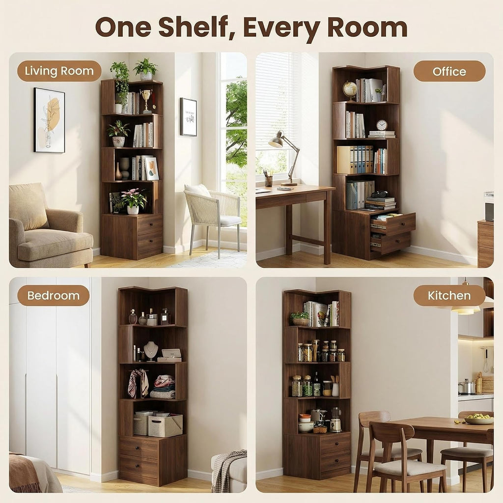 4 Tier Corner Bookshelf with Drawers, L Shaped Freestanding Corner Bookcase with LED Lights and Baffle, Space Saving Display Shelf for Living Room, Bedroom, Home Office, Kitchen(Walnut)
