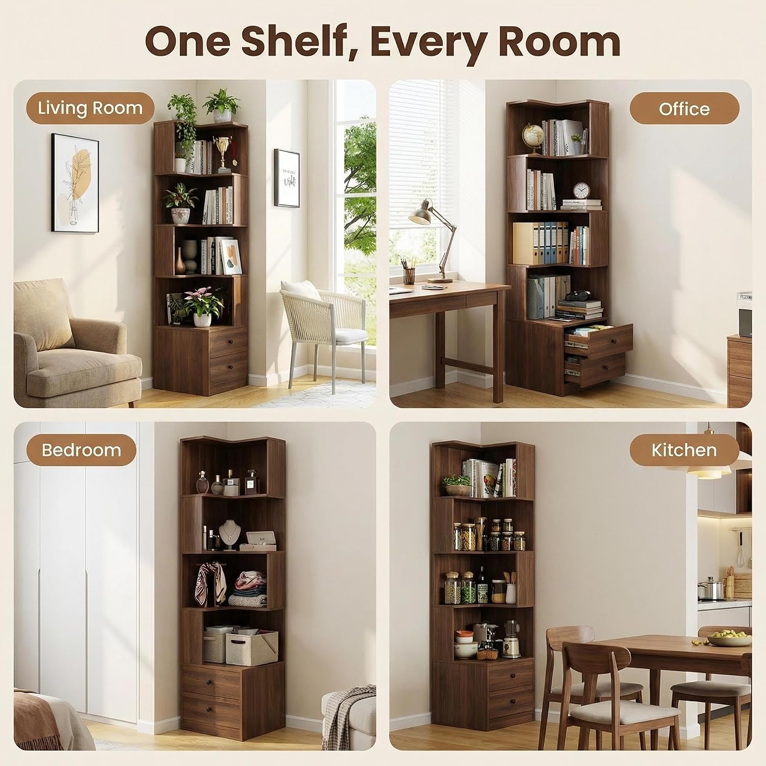 4 Tier Corner Bookshelf with Drawers, L Shaped Freestanding Corner Bookcase with LED Lights and Baffle, Space Saving Display Shelf for Living Room, Bedroom, Home Office, Kitchen(Walnut)