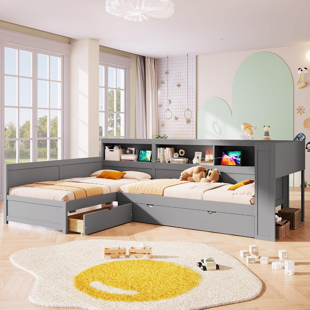 Merax Twin Size L-Shaped Platform Bed with Trundle, Corner Bed Frame with Charging Station, Storage Shelves, and Drawers, Wood Daybed for Bedroom, Guest Room,Grey