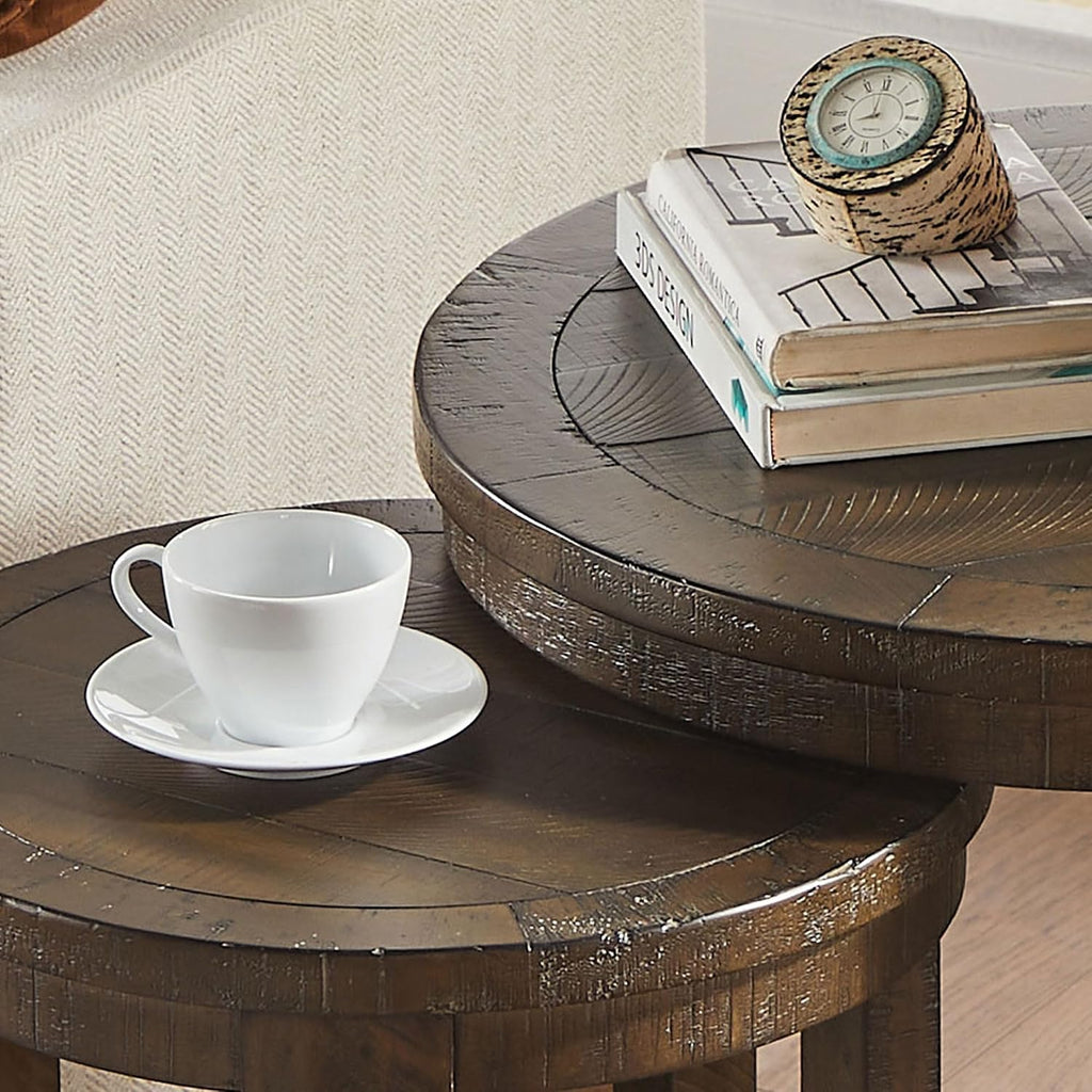 WILLIAMSPACE 24' Round Nesting Coffee Table Set of 2, Solid Wood Coffee Tables Mid Century Rustic Farmhouse Side End Tea Table for Living Room, Apartment (Drak Brown)