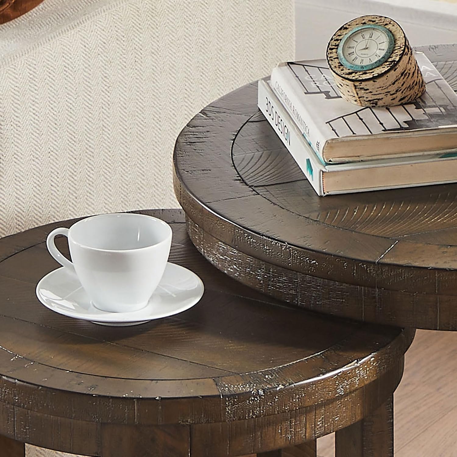 WILLIAMSPACE Round Nesting Coffee Table Set of 3, Mid Century Rustic Farmhouse Solid Wood Coffee Tables Center Table for Living Room Apartment, ø40 + ø24 + ø17.56 (Drak Brown)