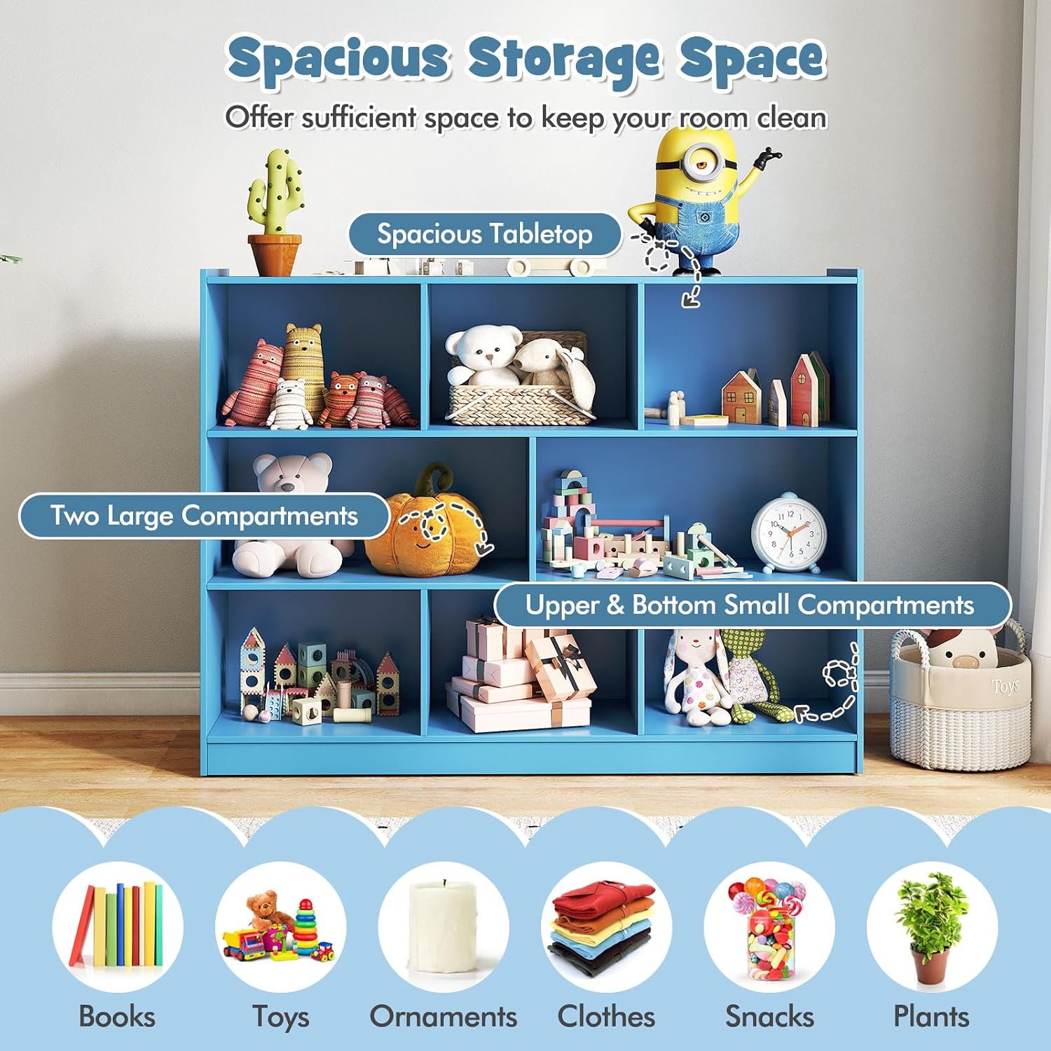 KOTEK Toy Storage Organizer, 5 Cubby Kids Bookshelf, Wooden 3-Tier Bookcase Storage Cabinet, Open Display Book Shelf for Daycare, Nursery, School Classroom, Living Room (Blue, 8 Cubes)