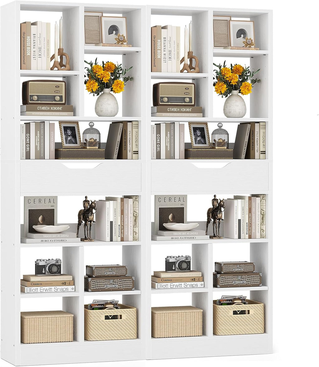 Armocity 16-Tier Tall Bookshelf Set of 2, 73.6' Narrow Freestanding Bookcase with 2 Drawers, Space-Saving Wood Display Shelves Storage for Living Room, Home Office Bedroom, White