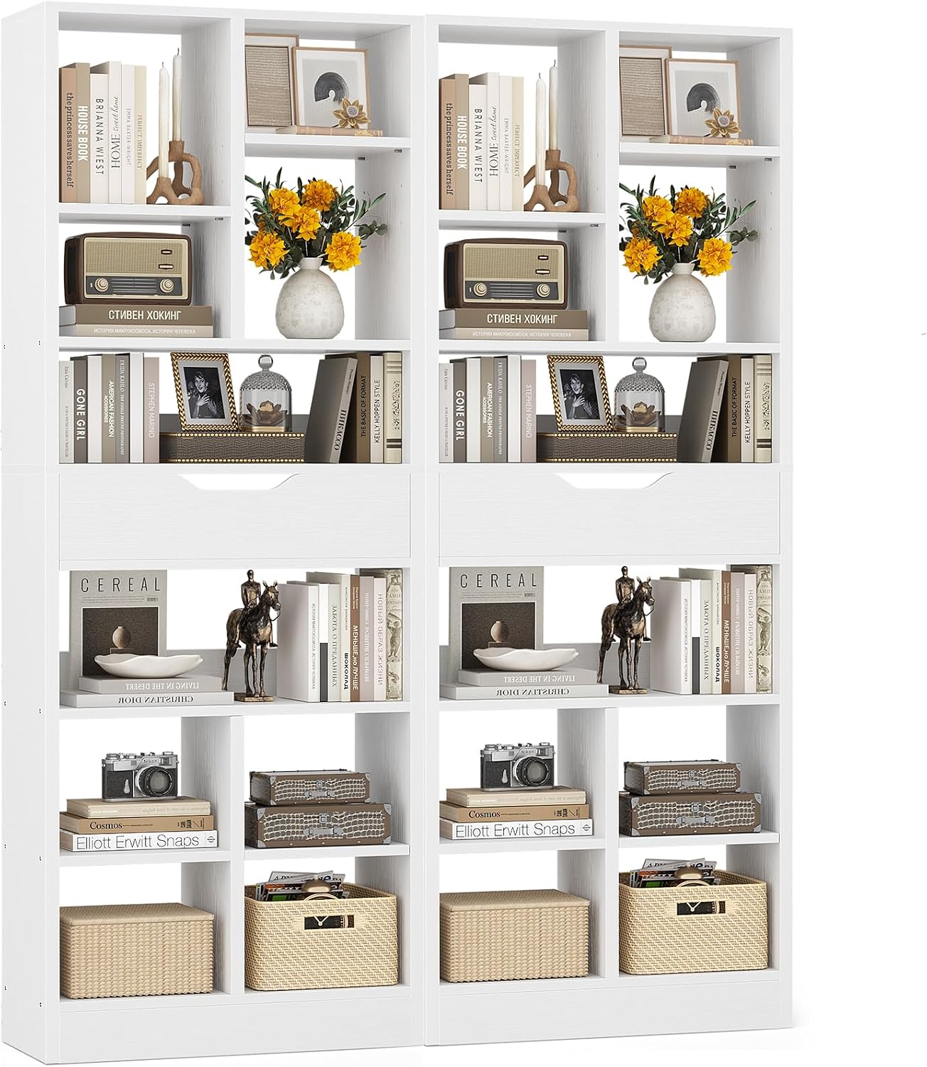 Armocity 16-Tier Tall Bookshelf Set of 2, 73.6' Narrow Freestanding Bookcase with 2 Drawers, Space-Saving Wood Display Shelves Storage for Living Room, Home Office Bedroom, White
