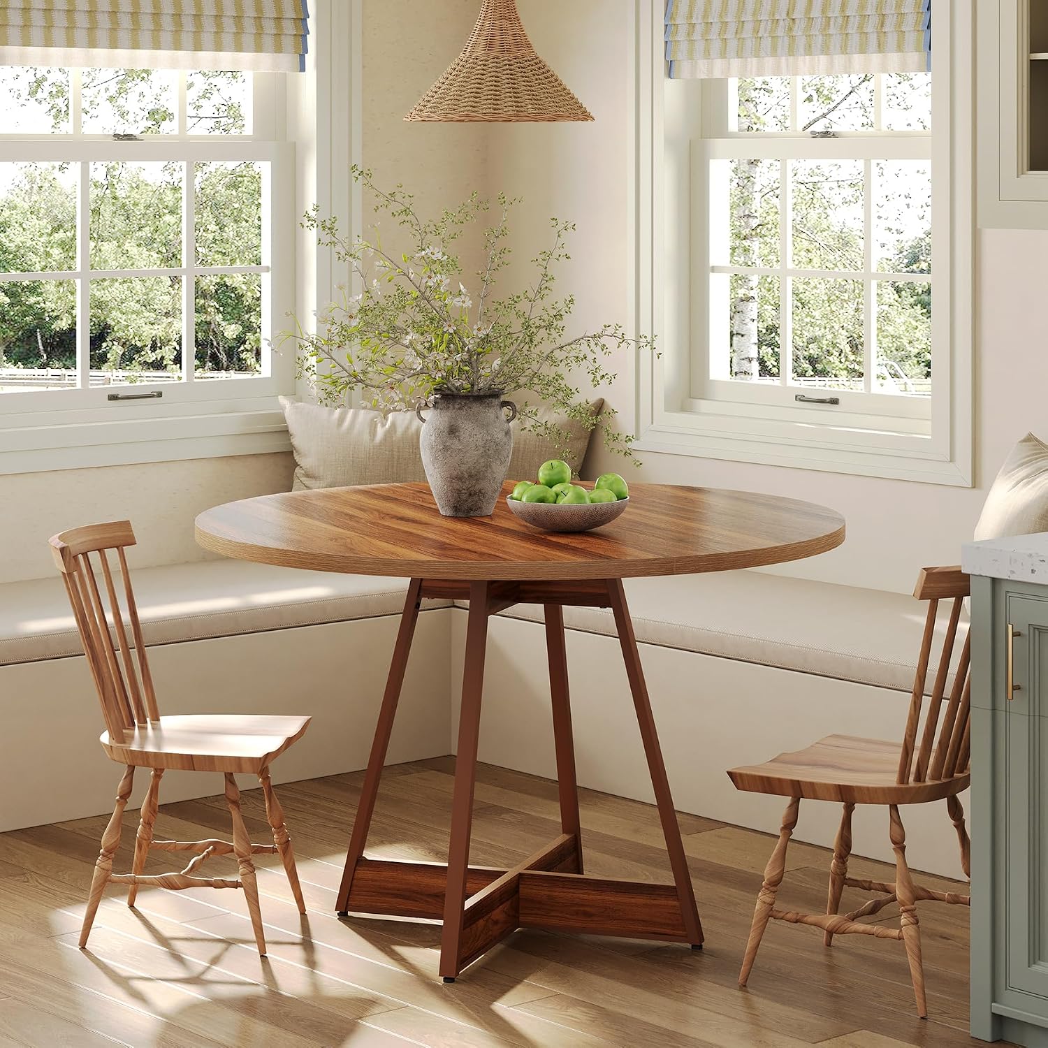 LITTLE TREE 39 Inches Round Dining Table for 2-4, Farmhouse Circle Kitchen Table for Dining Room, Wooden Dinner Table with Heavy Duty Pedestal, Small Bistro Table for Restaurant, Brown