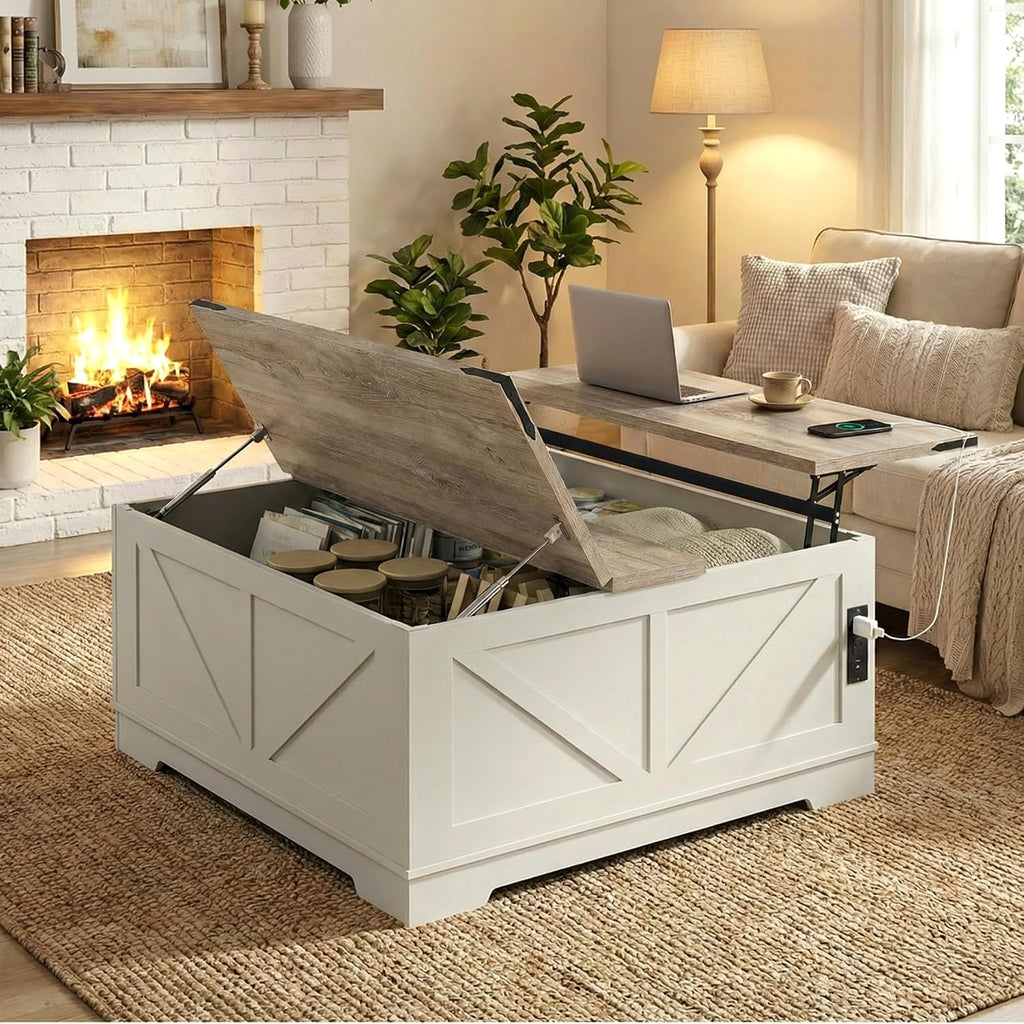 BREEZEHEAT Farmhouse Lift Top Coffee Table with Storage, Large 40' Wood Square Coffee Table with Charging Station&USB Port, Living Room Table w/Hidden Space, for Living Room,Home Office, White