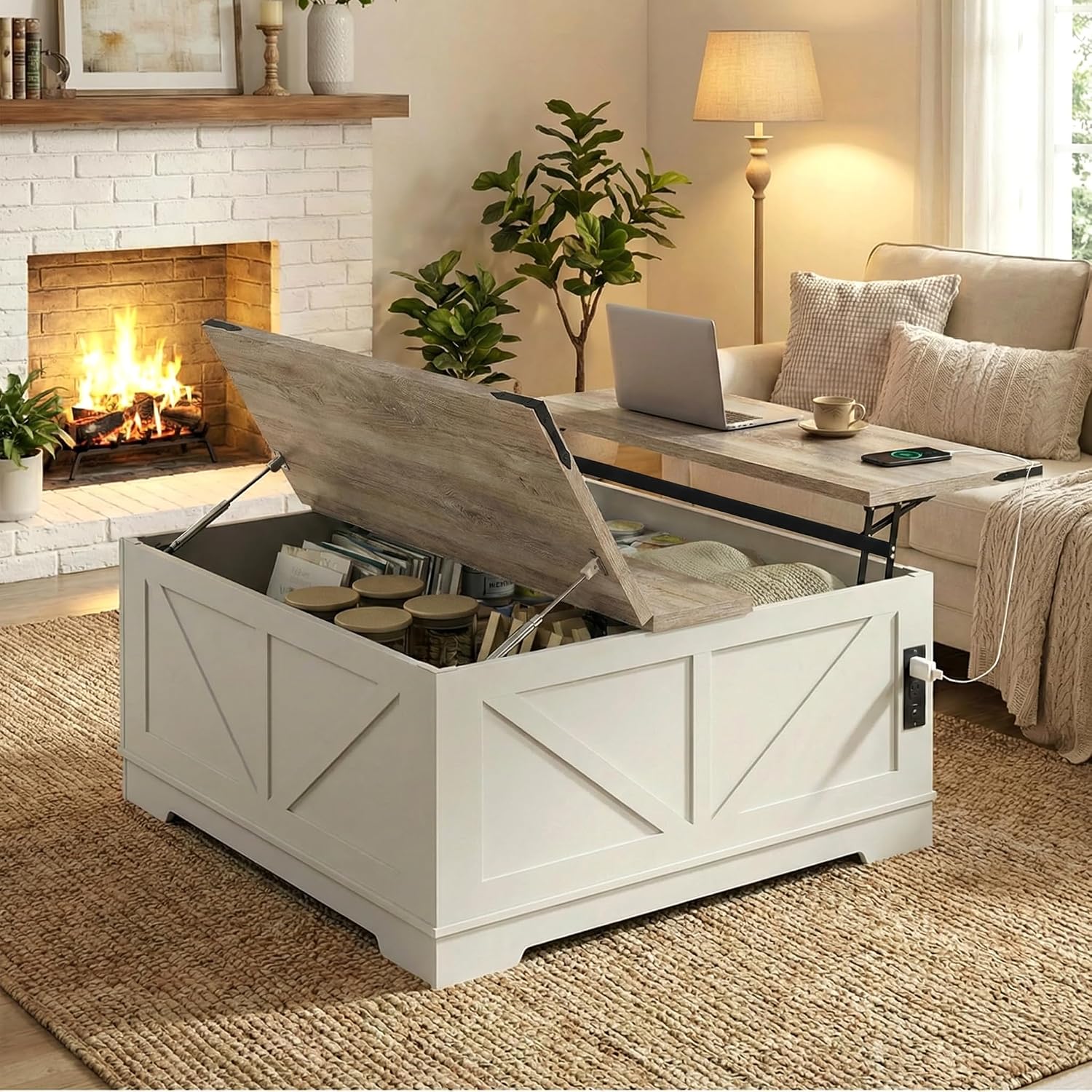 BREEZEHEAT Farmhouse Lift Top Coffee Table with Storage, Large 40' Wood Square Coffee Table with Charging Station&USB Port, Living Room Table w/Hidden Space, for Living Room,Home Office, White