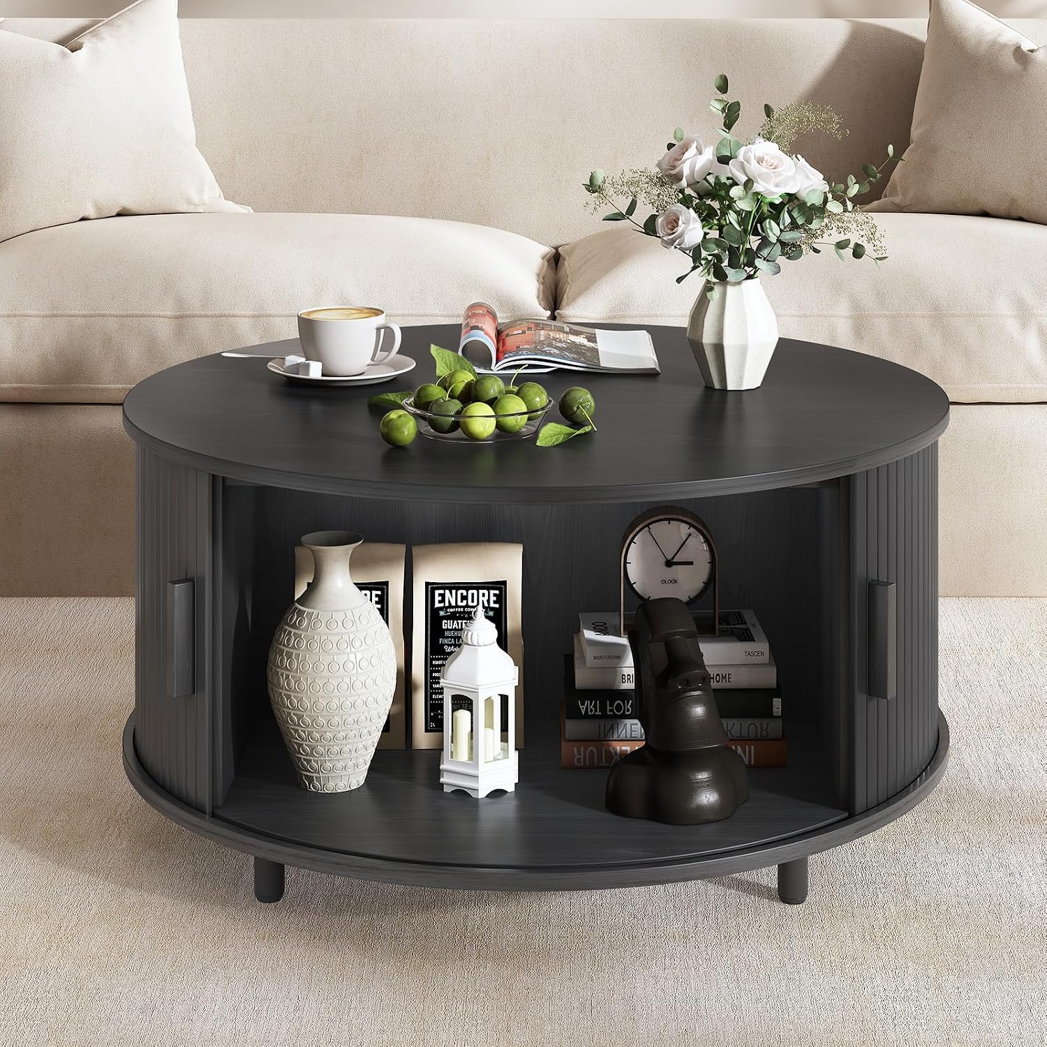 31.5 Inch Round Coffee Table, Fluted Coffee Tables with Storage, Mid-Century Modern Center Tables, Living Room Table with Sliding Door and Wood Handle for Living Room, Black