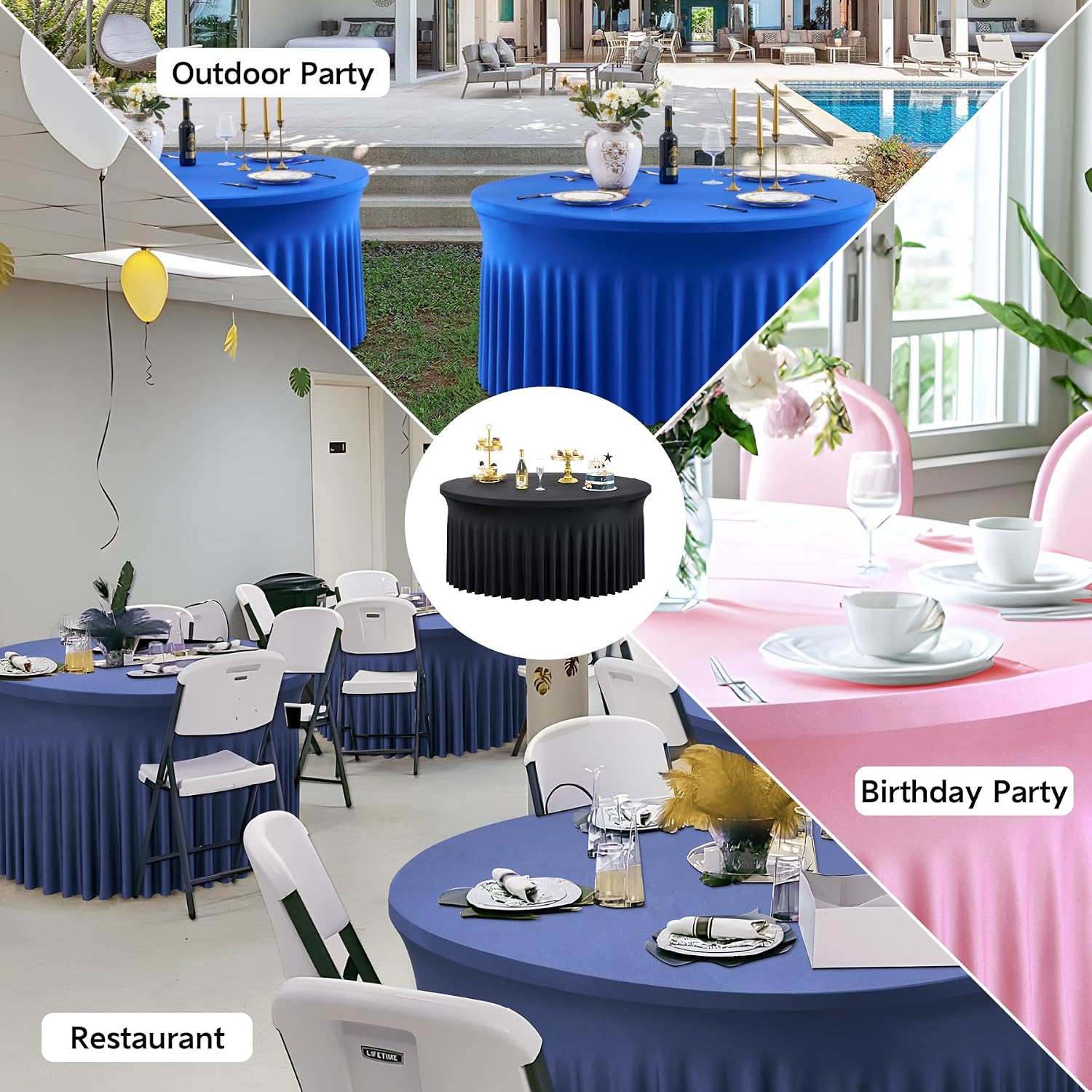 leegleri 10 Pack Spandex Black Round Tablecloths for 72in Table, Wrinkle Free Fitted 6FT Round Table Cover with Skirt for Wedding Birthday Party Bridal Shower Banquet