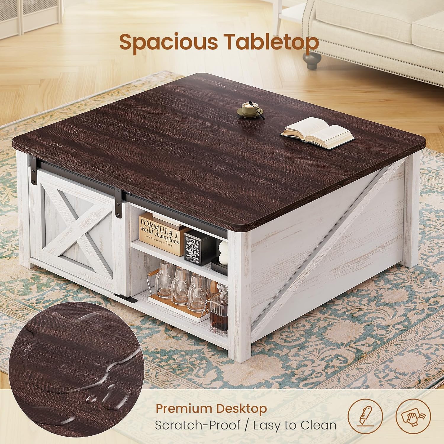 SEDETA 31.5' Lift Top Coffee Table with Storage, Square Coffee Tables for Living Room, Farmhouse Coffee Table with Large Hidden Storage Compartment and Adjustable Shelves, Vintage White