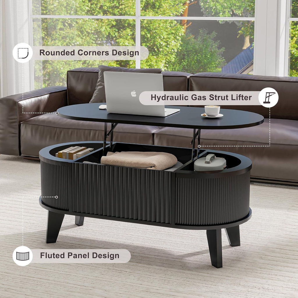 LYNCOHOME Fluted Lift Top Coffee Table with Storage,Modern Oval Coffee Table for Living Room or Home Office(Black)