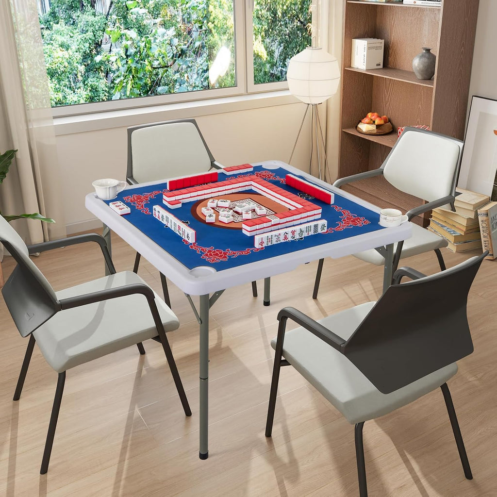Goplus Mahjong Table, 35' Square Folding Card Table w/4Cup Holders, Anti Slip Mat, HDPE Tabletop, Metal Legs, Portable Mahjong Game Table for Domino Game, Picnic (Table w/Removable Mat, Blue)