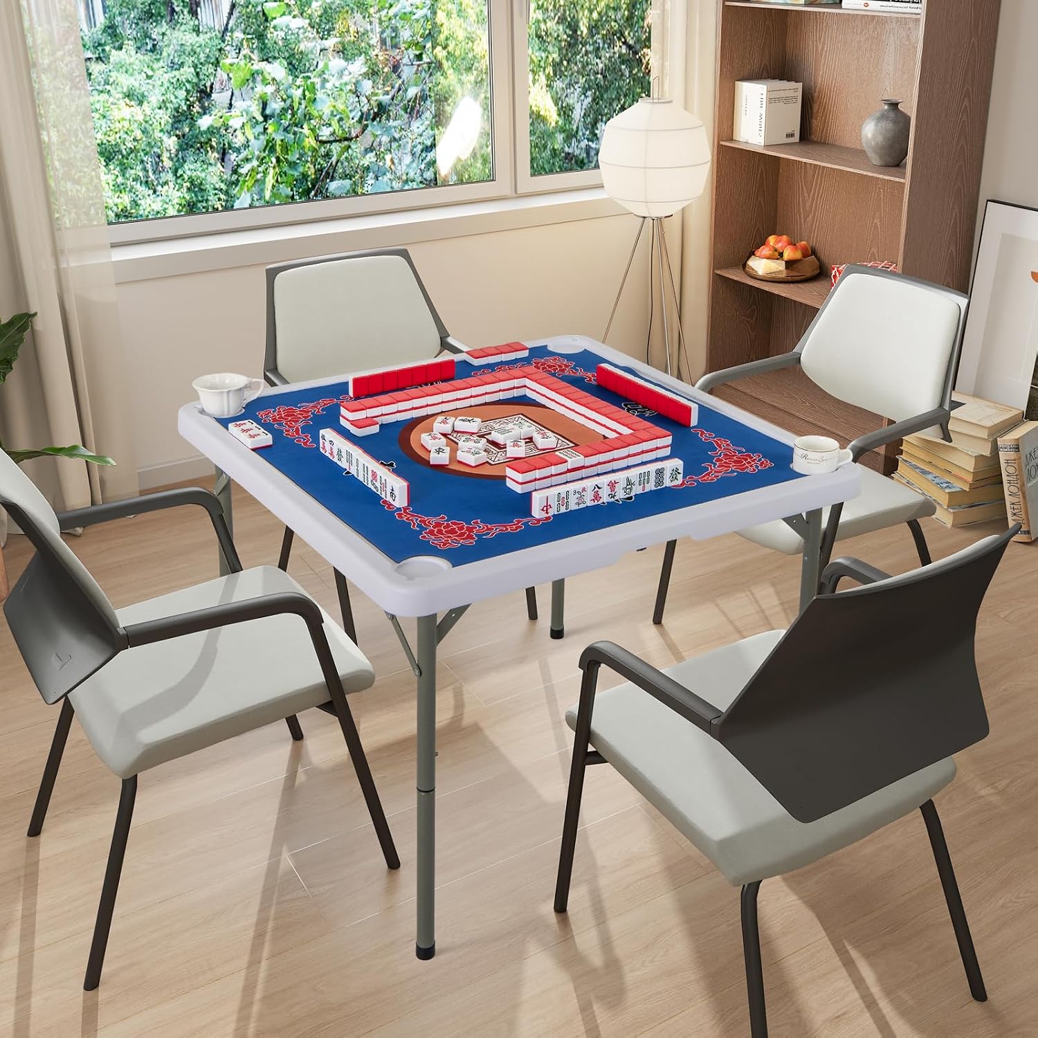 Goplus Mahjong Table, 35' Square Folding Card Table w/4Cup Holders, Anti Slip Mat, HDPE Tabletop, Metal Legs, Portable Mahjong Game Table for Domino Game, Picnic (Table w/Removable Mat, Blue)