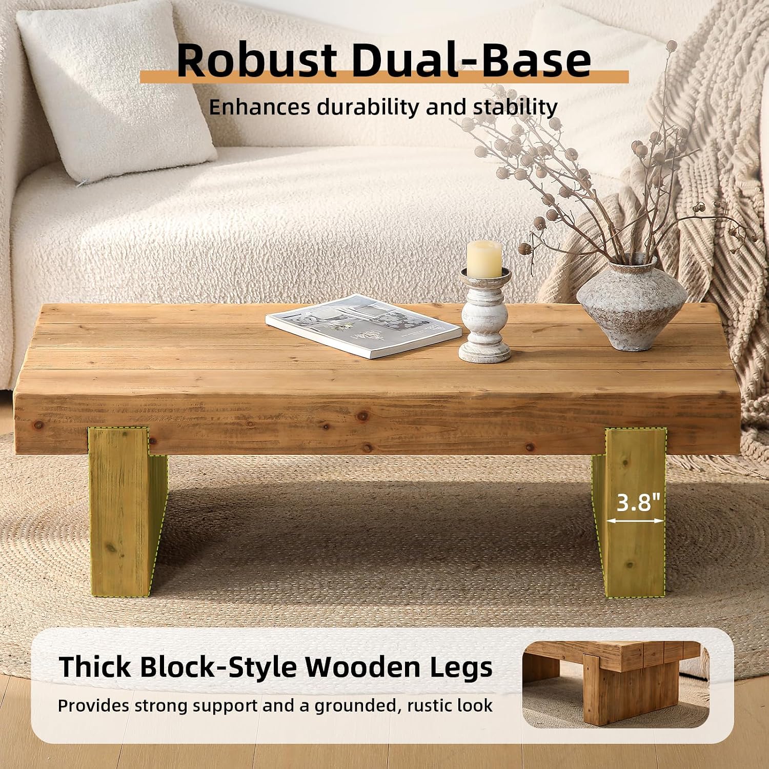 Rustic Wooden Coffee Table for Living Room, Mid Century Modern Coffee Table Rectangle Center Table, Farmhouse Solid Wood Tea Table for Office Apartment (47.64''L × 20.87 ''W × 14.17''H)