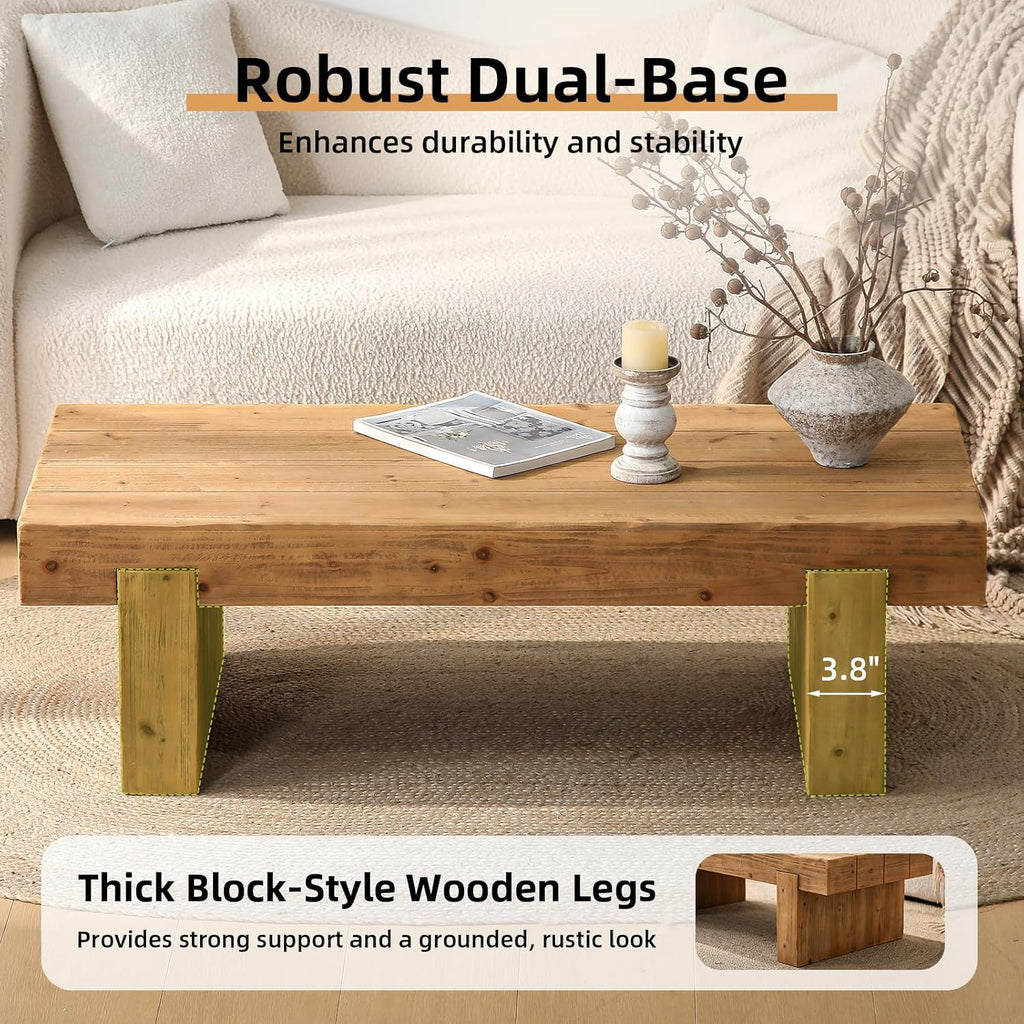 47.6' Coffee Table for Living Room, Mid-Century Modern Solid Wood Coffee Table with Sturdy Base, Farmhouse Rectangle Accent Center Tea Tables for Living Room Apartment, Easy Assembly