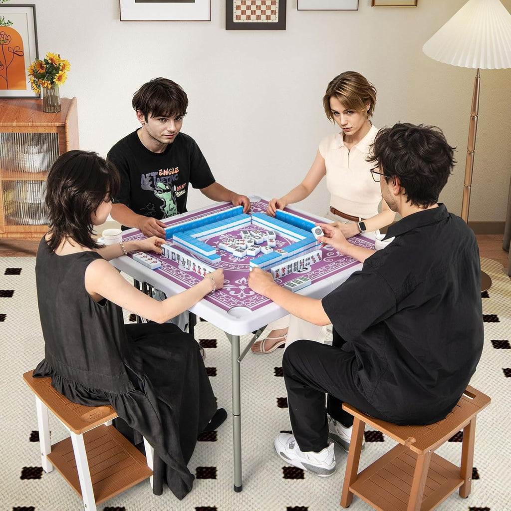 Goplus Mahjong Table, 35' Square Folding Card Table w/4Cup Holders, Anti Slip Mat, HDPE Tabletop, Metal Legs, Portable Mahjong Game Table for Domino Game, Picnic (Pink, Table w/Removable Mat)
