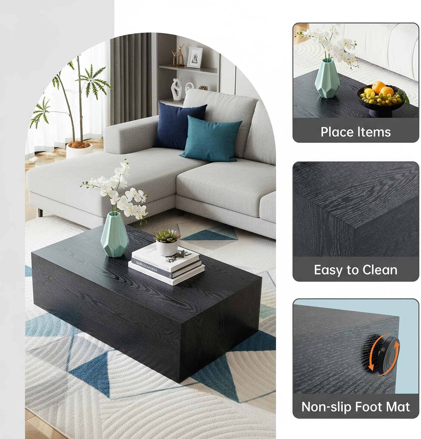 Rectangular Cube Coffee Tables, 300 lbs Minimalist Wood Cube Coffee Table, Low Profile Wood Block Coffee Tables with Anti-Slip Floor mats, with livingroom/Apartment Modern Coffee Table, Black