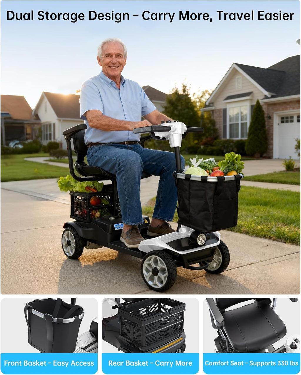 Electric Scooter for Adults & Seniors - Light Weight Mobility scooter with Auto Braking Adjustable Seat Removable Battery, Portable Foldable, 15 Mile Range, 330lb Capacity, Dual Basket, White