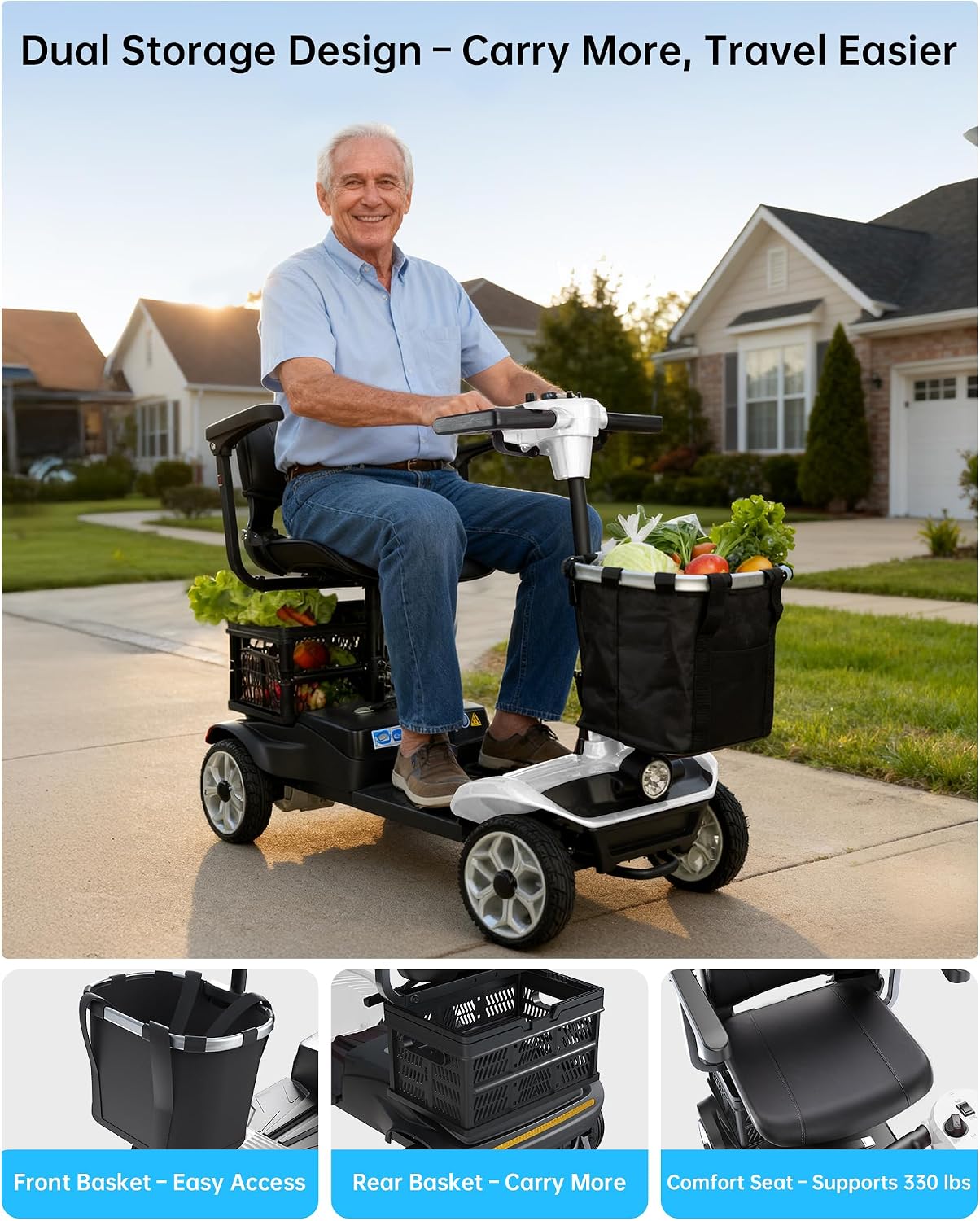 Electric Scooter for Adults & Seniors - Light Weight Mobility scooter with Auto Braking Adjustable Seat Removable Battery, Portable Foldable, 15 Mile Range, 330lb Capacity, Dual Basket, White