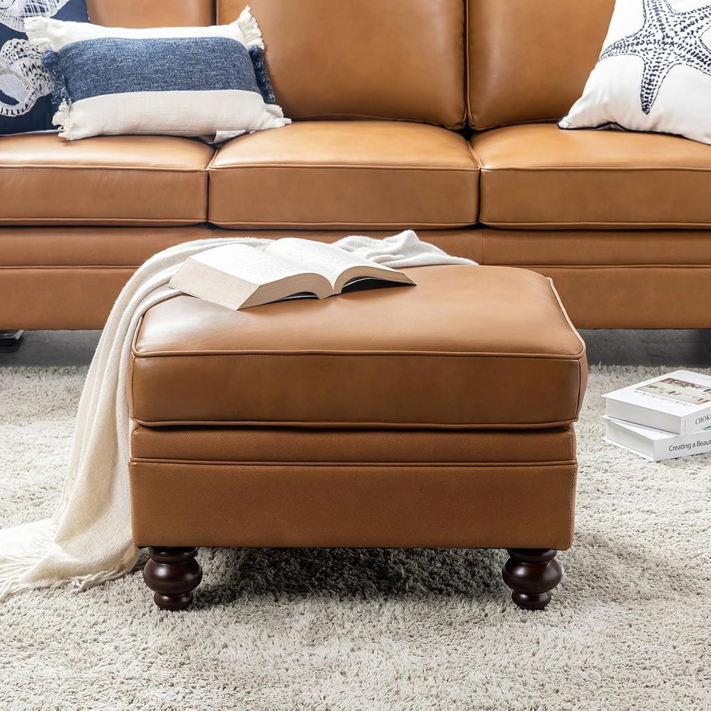 HULALA HOME Genuine Leather Ottoman Coffee Table, Ottoman Foot Rest for Living Room, Camel