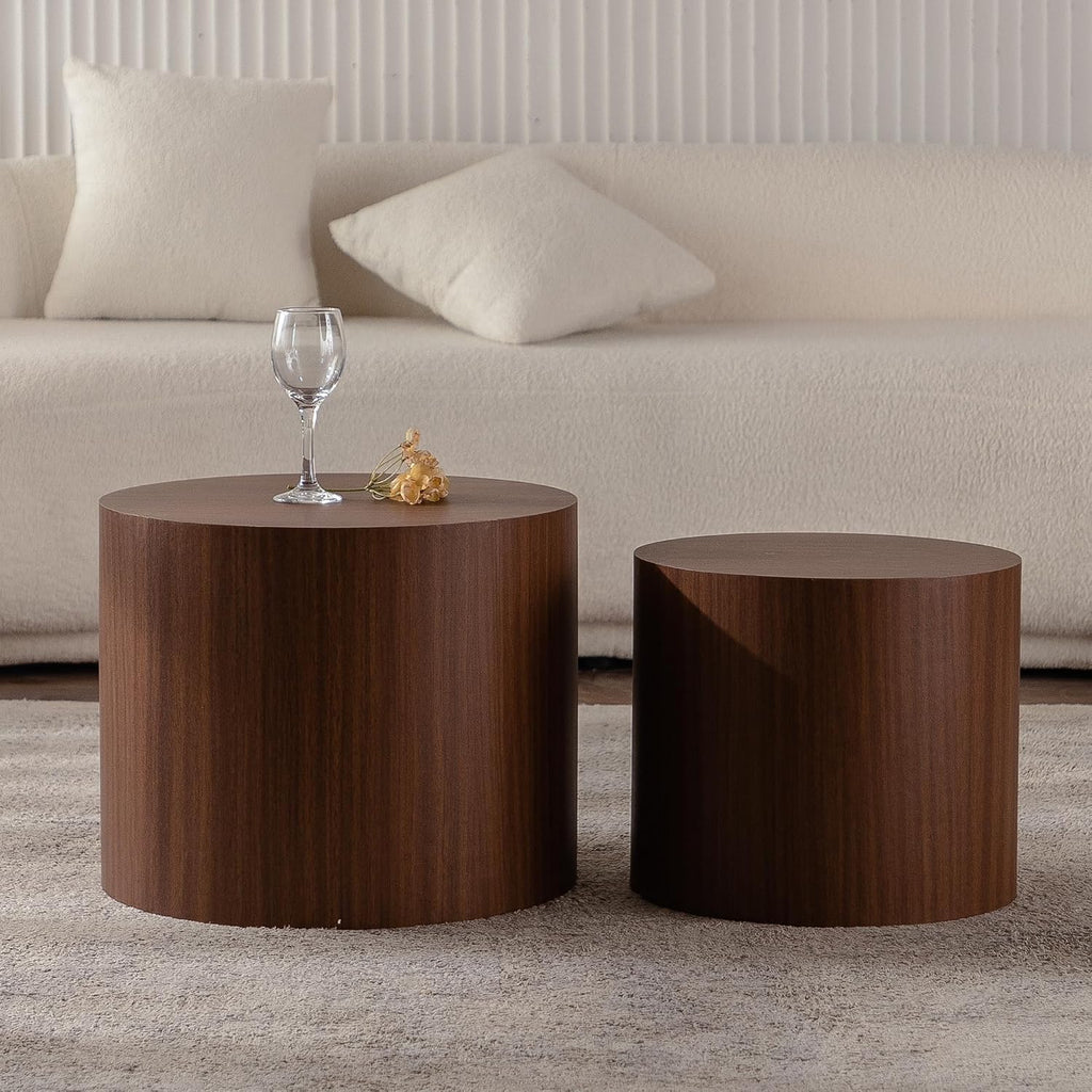 GDFStudio Round Nesting Coffee Table Set of 2, Modern Wooden Accent Side Table, Space Saving Small Circular Tea Coffee Tables and End Tables Sets for Living Room Small Space, No Assembly, Walnut