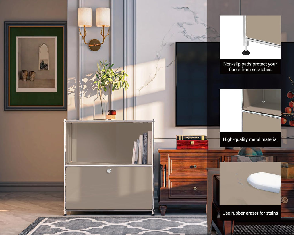 32.5-Inch Flip-Top Storage Cabinet with Detachable Wheels, Metal Side Table and Small Sideboard Cabinet for Living Room, Bedroom, Office, Orange