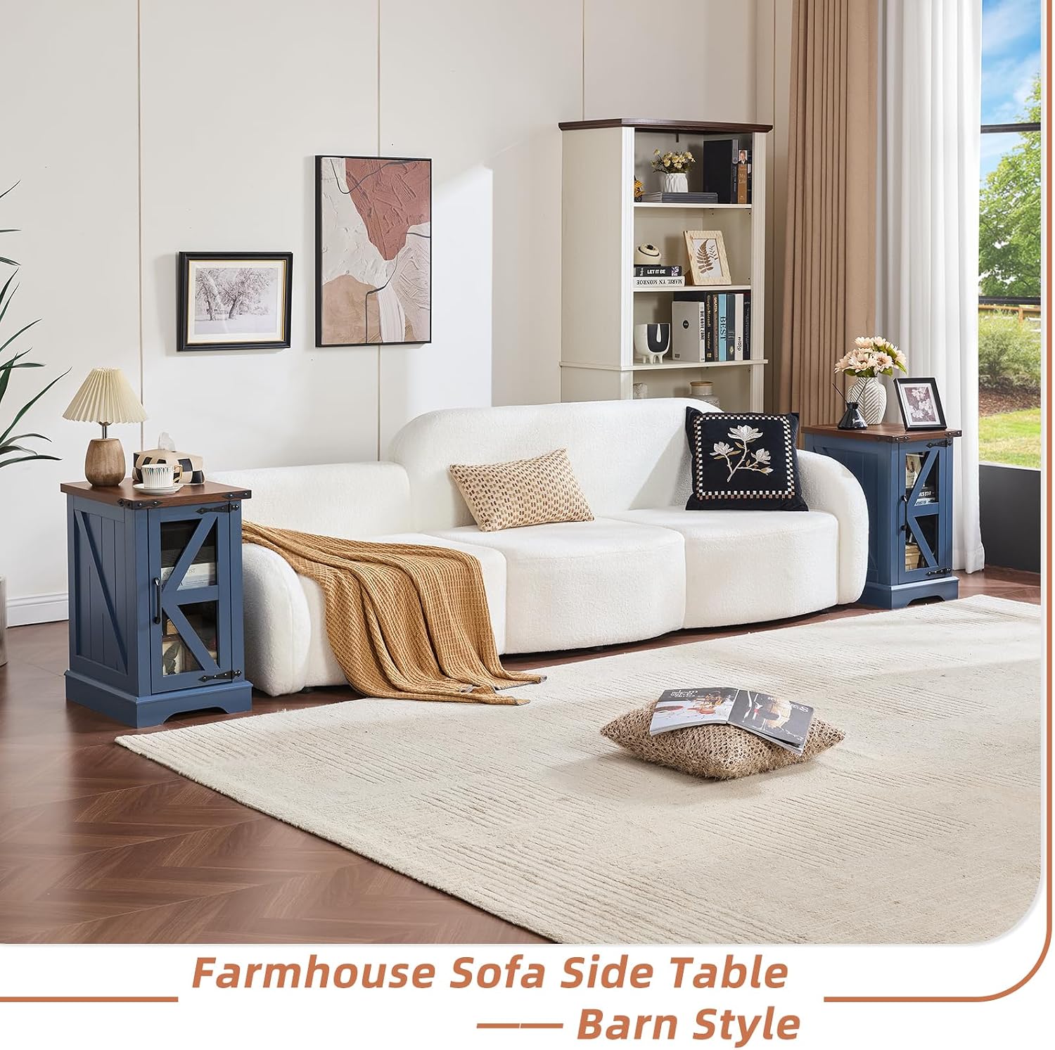 Joaxswe Farmhouse Coffee Table Set of 3, Narrow NightStands with Glass Barn Door Storage, Large Coffee Tables with Hidden Storage Organizer, Furniture Sets for Office, Living Room, Blue